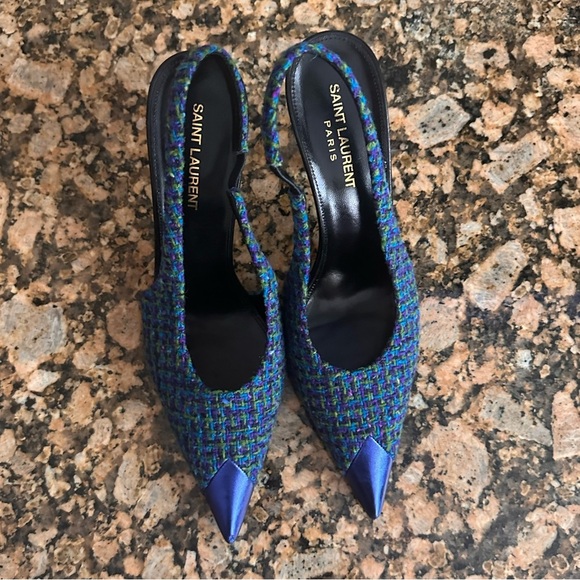 Saint Laurent Arian Vert Blue Violet Tweed Slingback - Picture 5 of 13